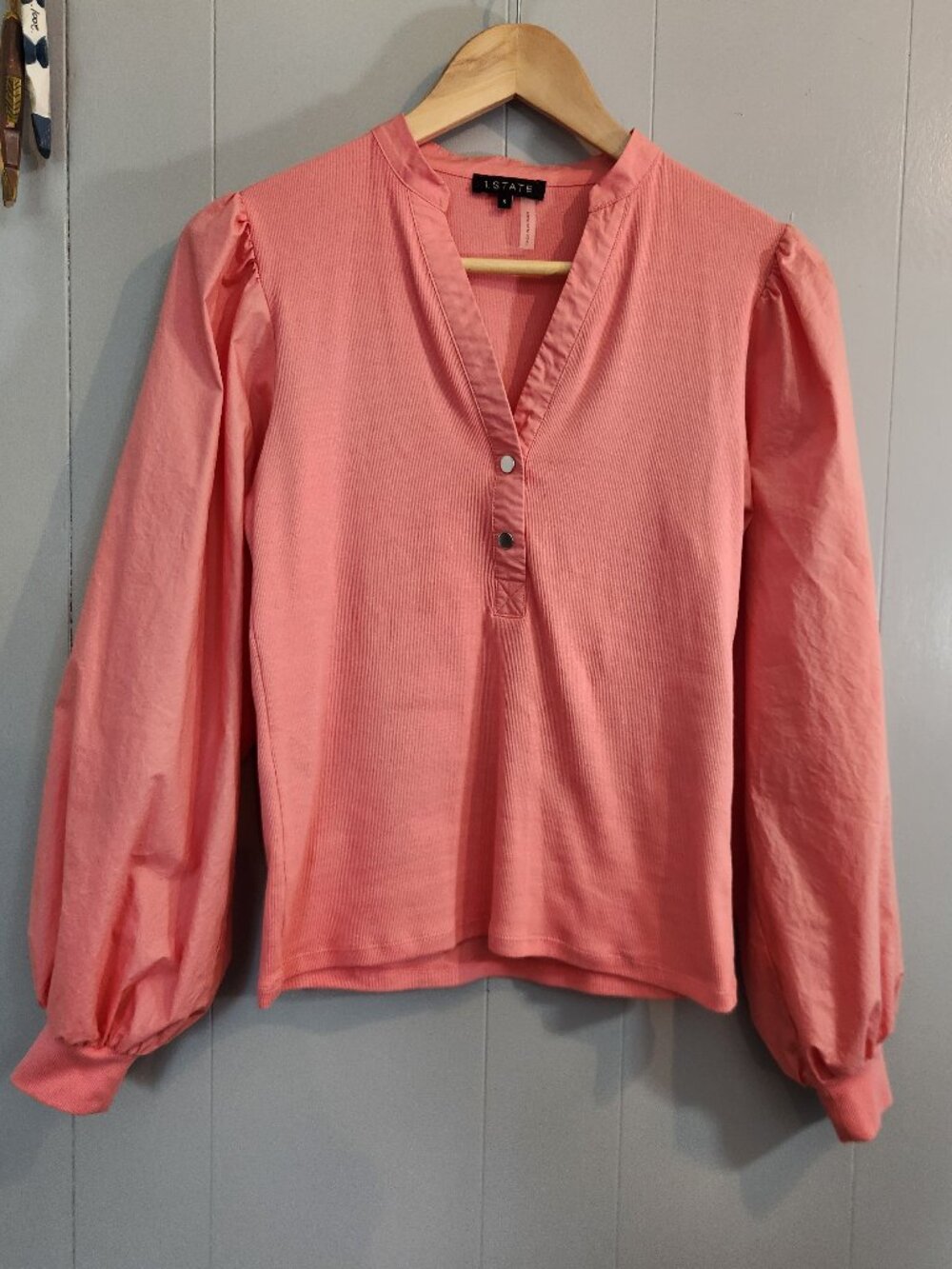 1. State cotton pink puff long sleeve ribbed blouse top shirt